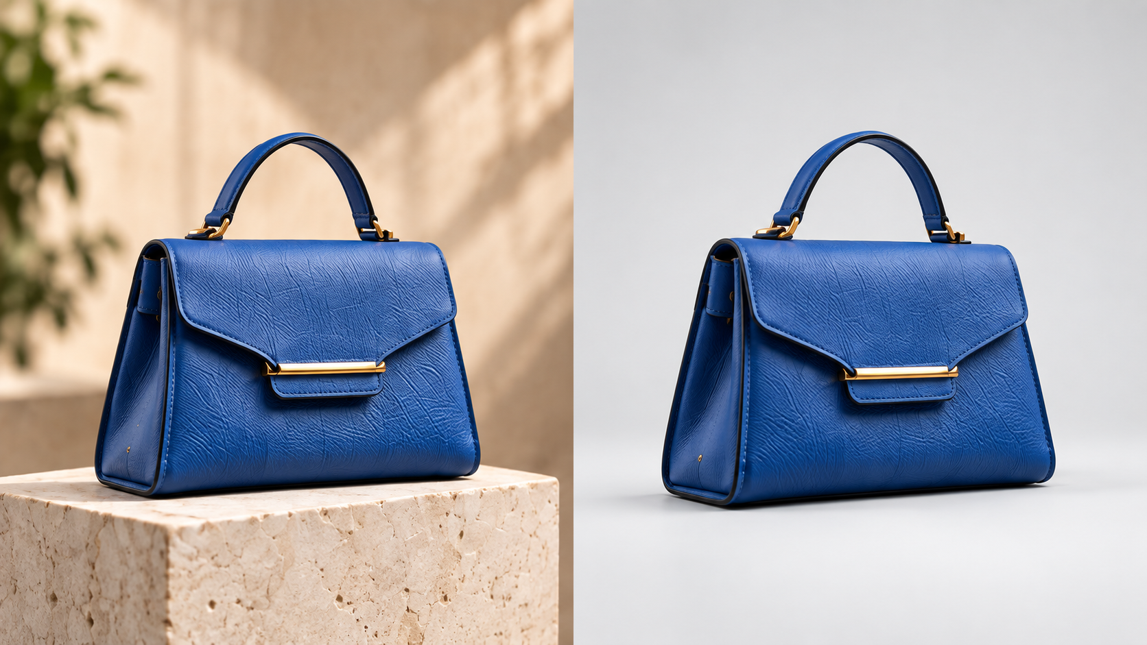 Bolso azul sobre una base de piedra en una tienda