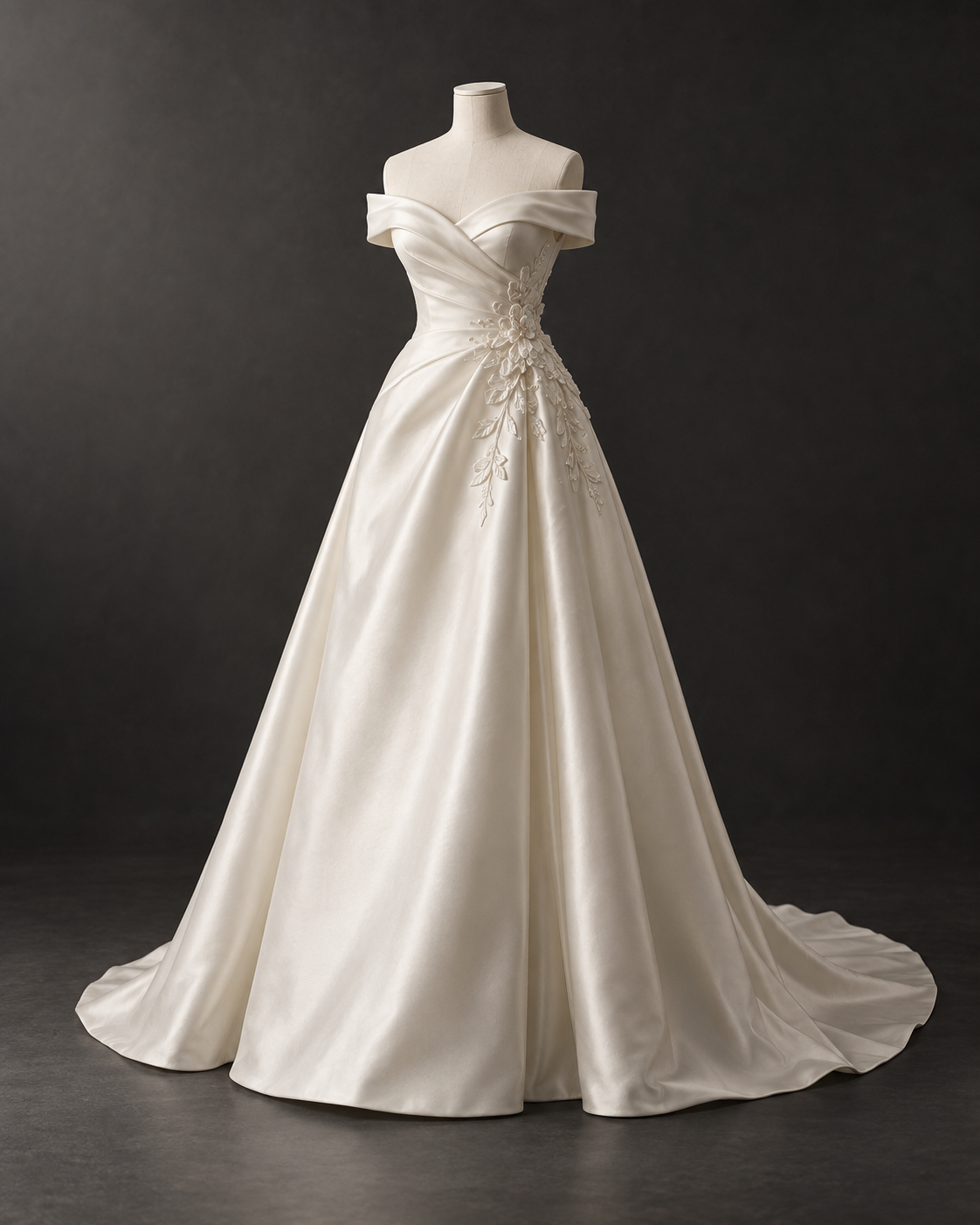 Vista completa en tres cuartos de un vestido de novia marfil sobre un maniquí