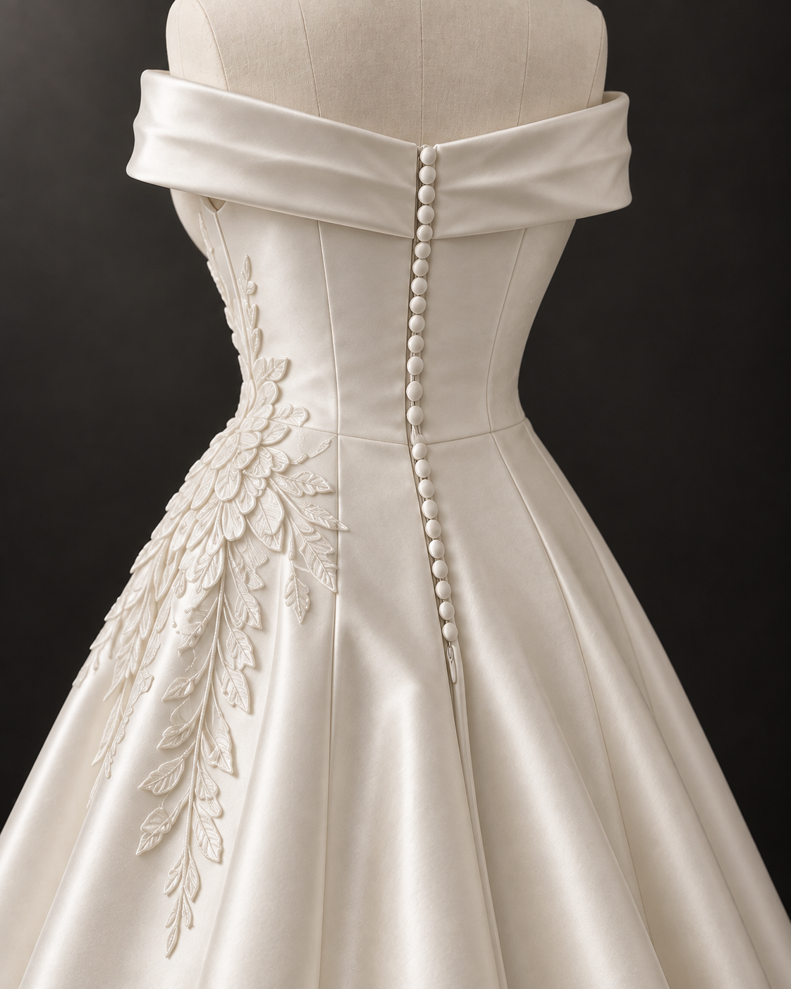 Detalle de la cremallera y los botones forrados en la espalda del mismo vestido de novia