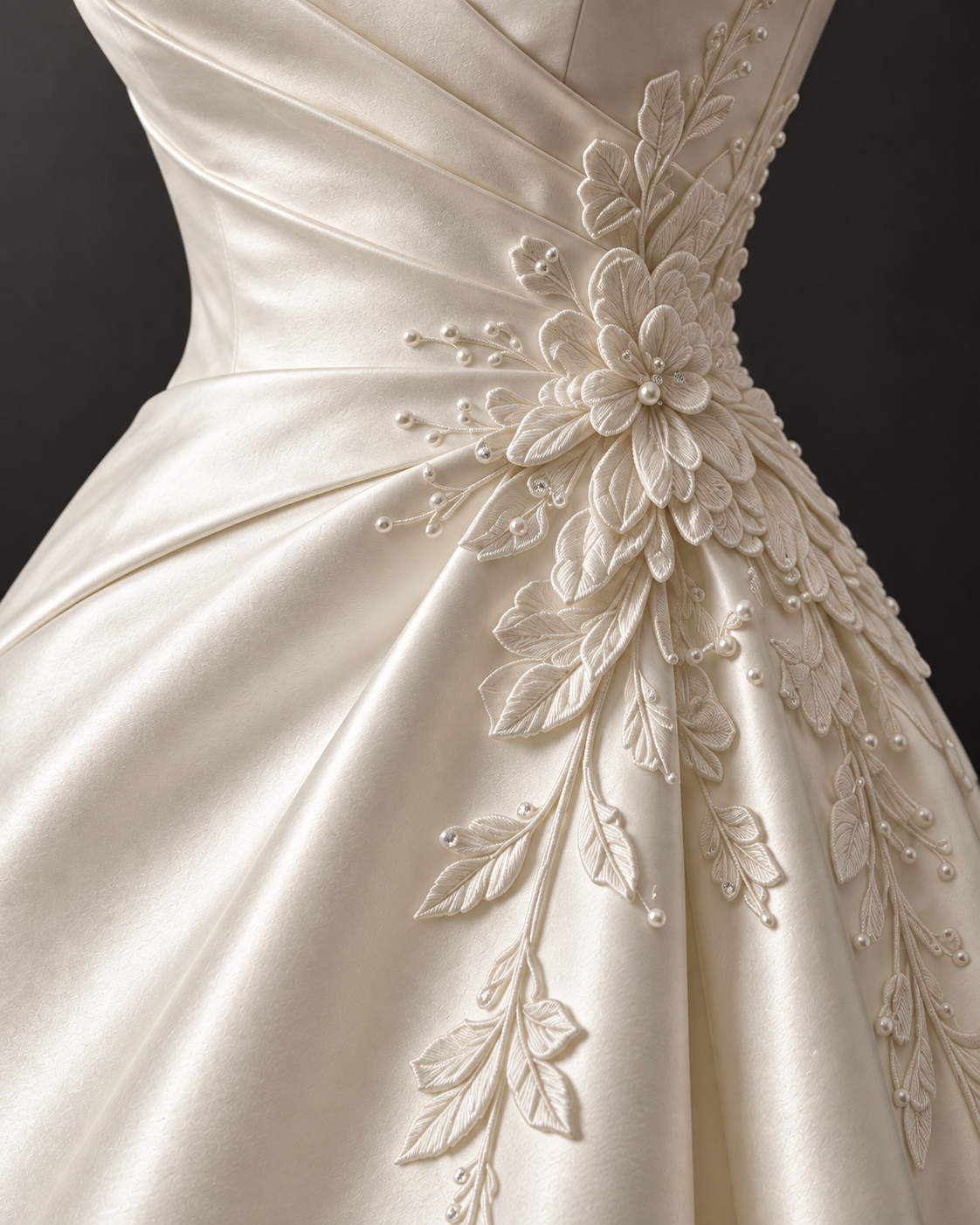Detalle de la cadera del vestido de satén marfil, con bordado floral y pequeños cristales brillantes