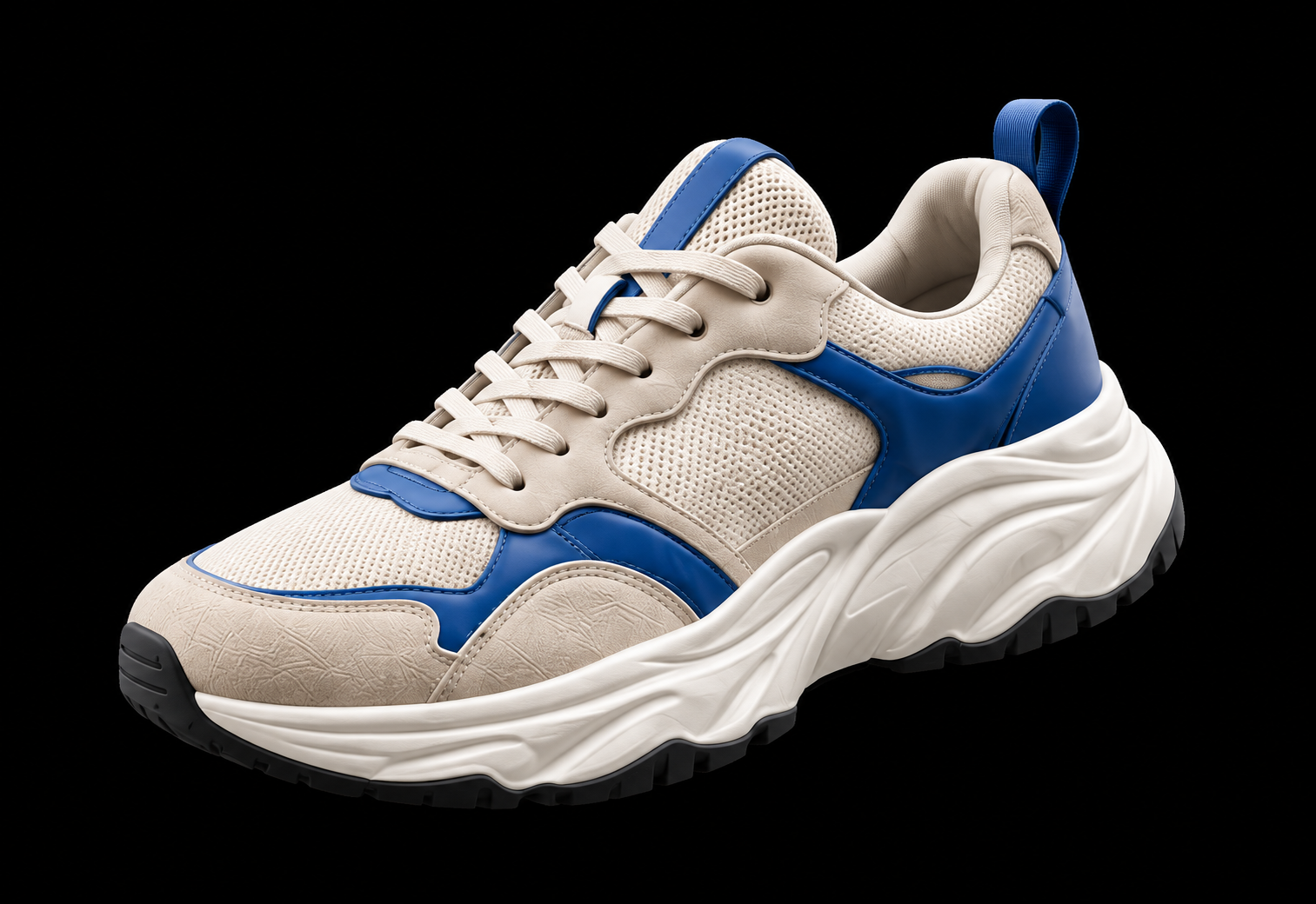 Zapato deportivo blanco y azul sobre fondo negro