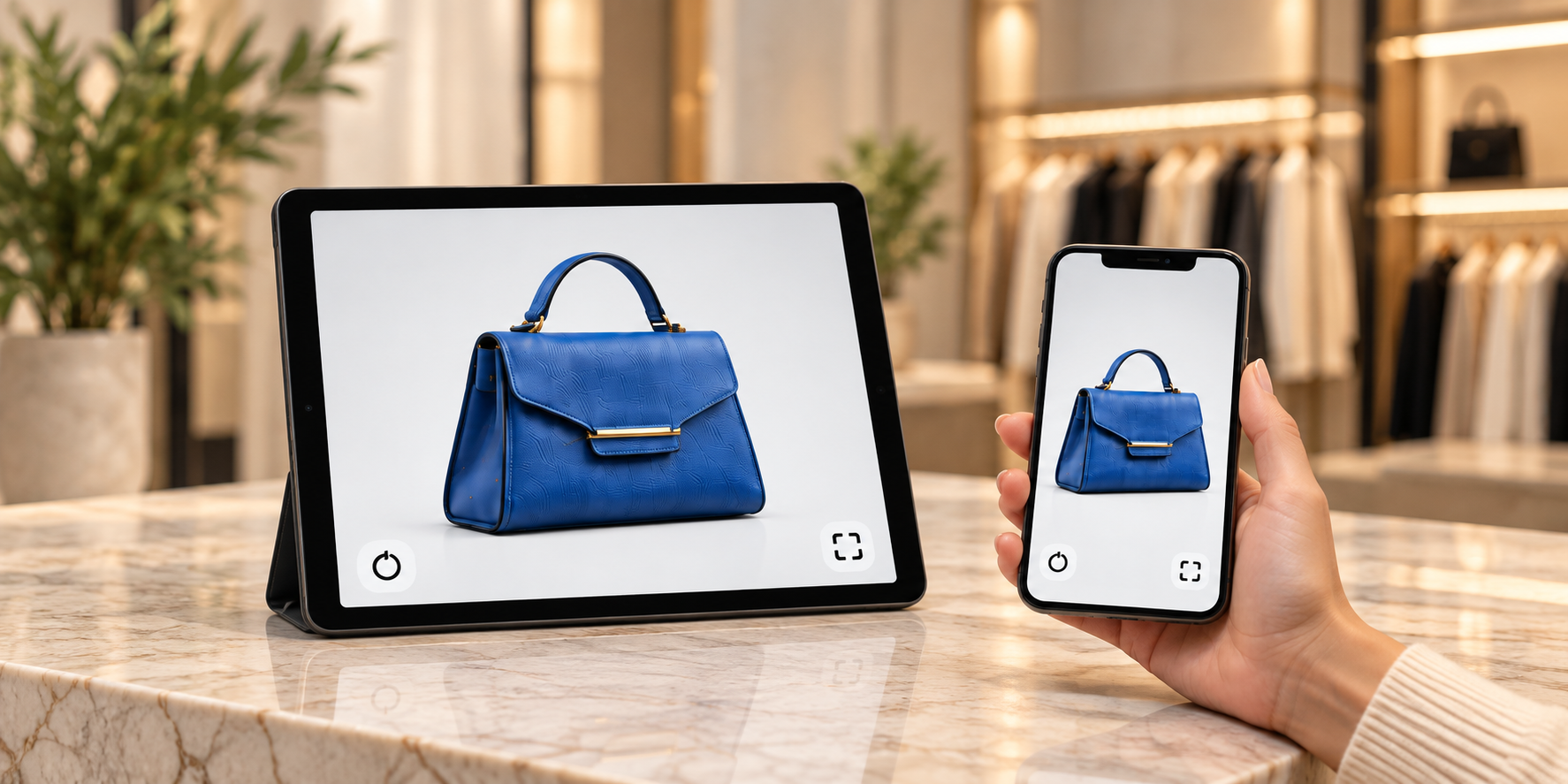 Bolso azul presentado en una tableta y un teléfono en una tienda