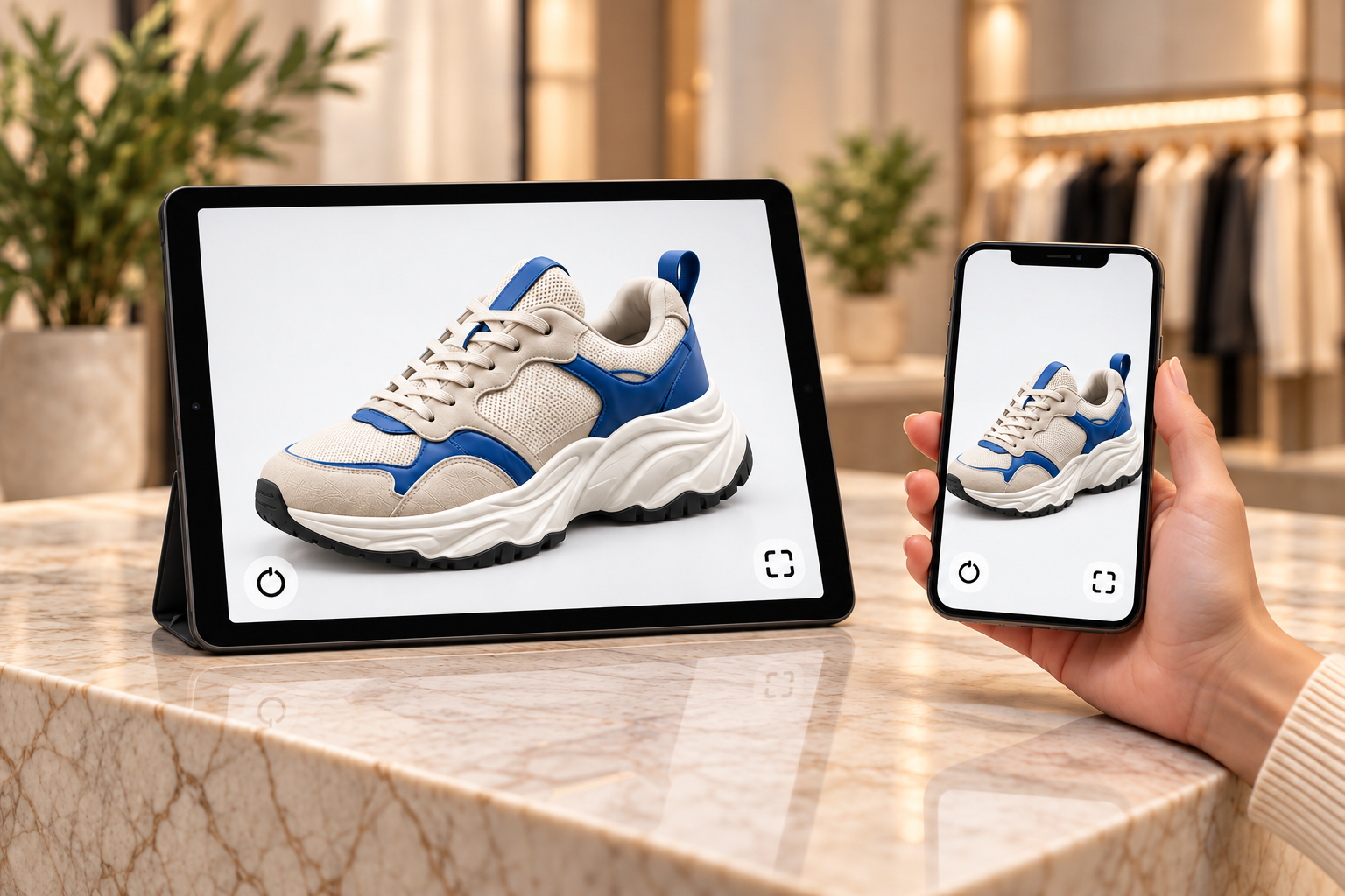 El mismo zapato blanco y azul en un visor de producto en una tableta y un teléfono